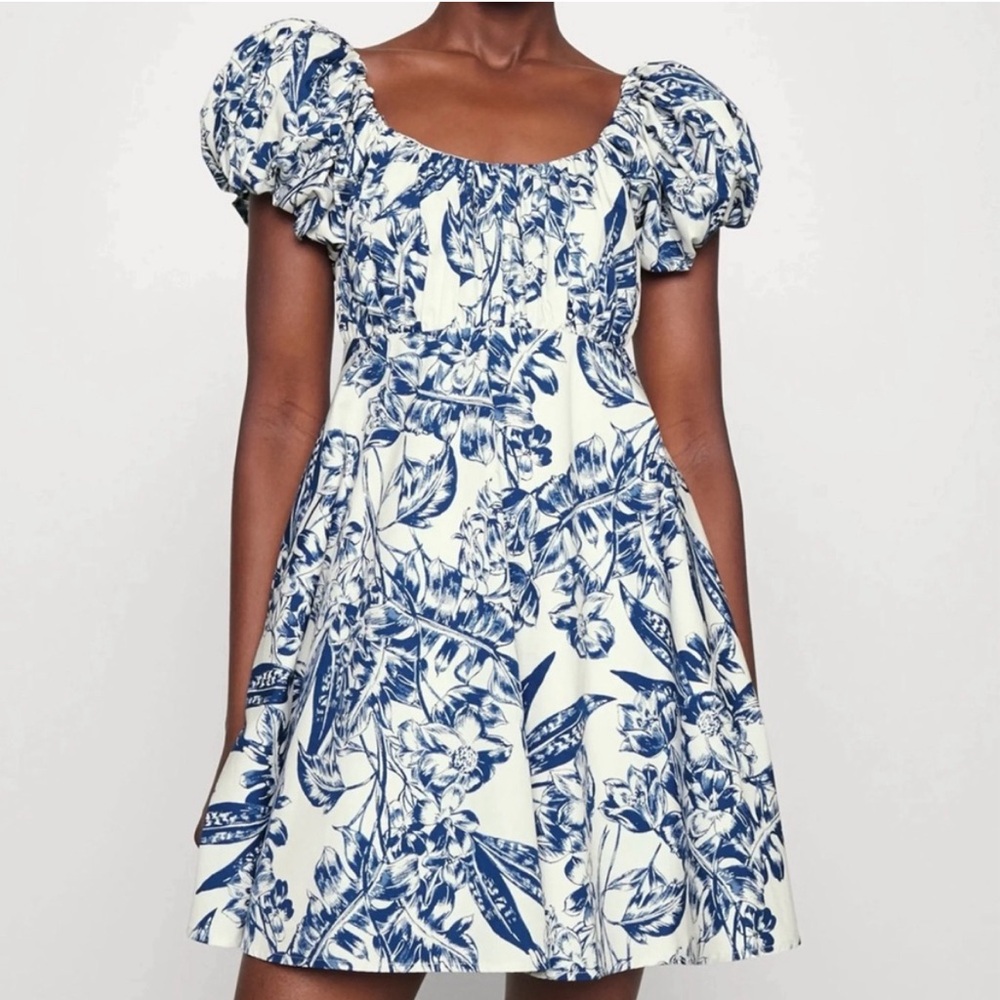 Abercrombie & Fitch Blue Floral Puff Sleeve Mini Dress